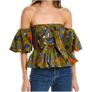 Hunter Bell Size 6 Rhea Top Ink Line Green Bow Off The Shoulder Peplum Coquette